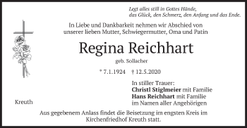 Todesanzeige von Regina Reichhart von merkurtz