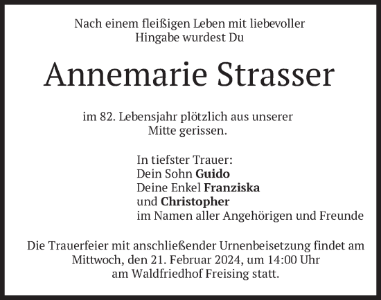 Todesanzeige von Annemarie Strasser von merkurtz