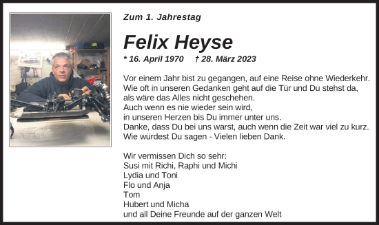 Todesanzeige von Felix Heyse von merkurtz