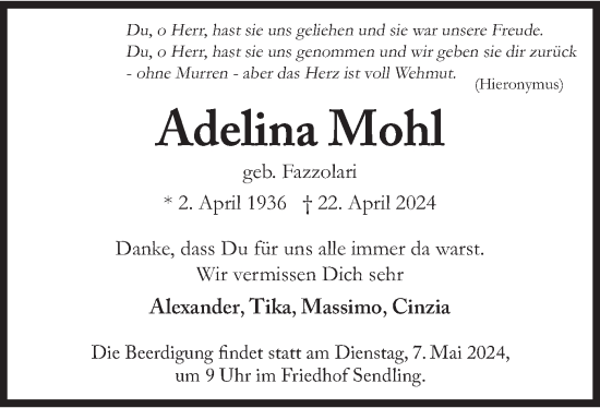 Todesanzeige von Adelina Mohl von merkurtz