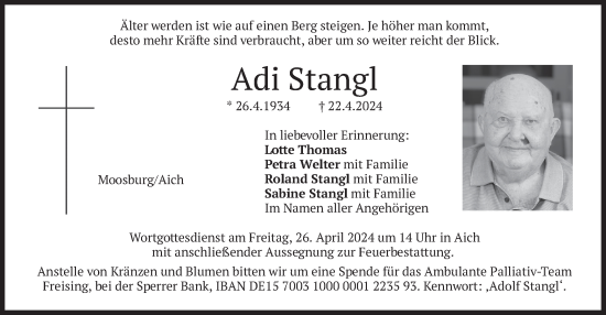 Todesanzeige von Adi Stangl von merkurtz