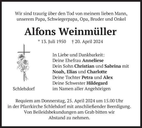 Todesanzeige von Alfons Weinmüller von merkurtz