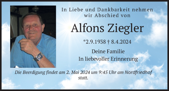 Todesanzeige von Alfons Ziegler von merkurtz