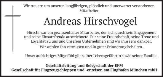 Todesanzeige von Andreas Hirschvogel von merkurtz