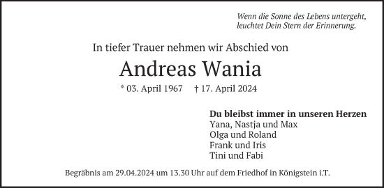 Todesanzeige von Andreas Wania von merkurtz