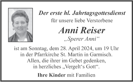 Todesanzeige von Anni Reiser von merkurtz