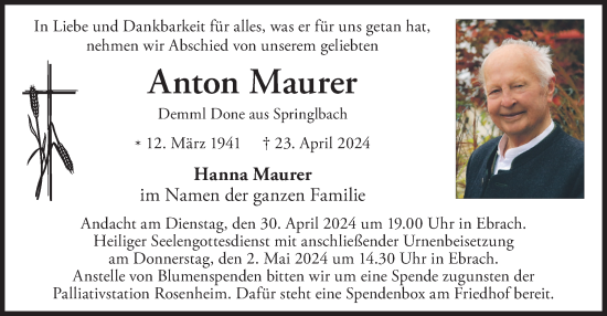 Todesanzeige von Anton Maurer von merkurtz