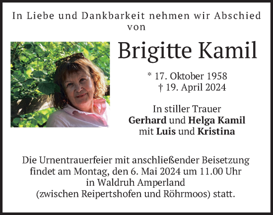 Todesanzeige von Brigitte Kamil von merkurtz