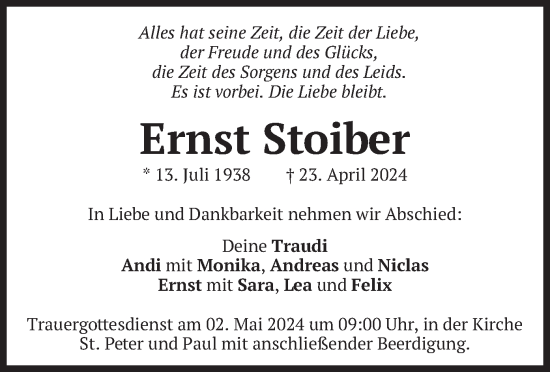 Todesanzeige von Ernst Stoiber von merkurtz