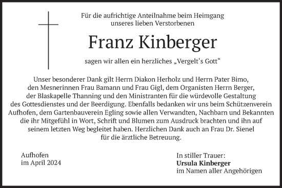 Todesanzeige von Franz Kinberger von merkurtz