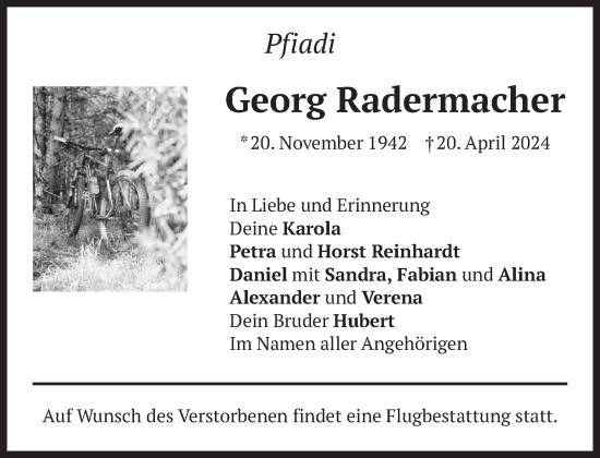 Todesanzeige von Georg Radermacher von Das Gelbe Blatt Penzberg