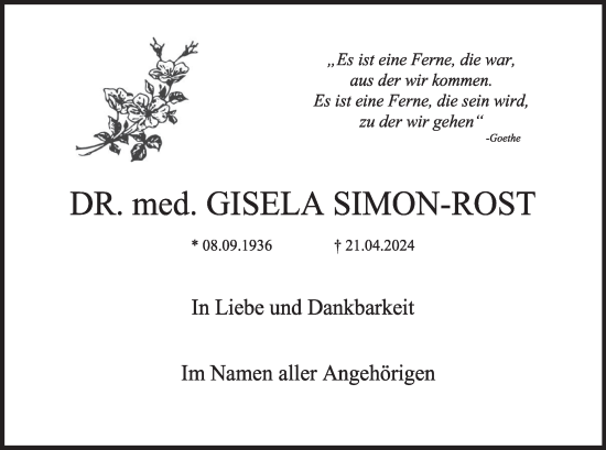 Todesanzeige von Gisela Simon-Rost von merkurtz