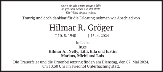 Todesanzeige von Hilmar  Gröger von merkurtz