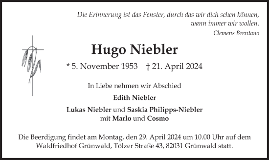 Todesanzeige von Hugo Niebler von merkurtz