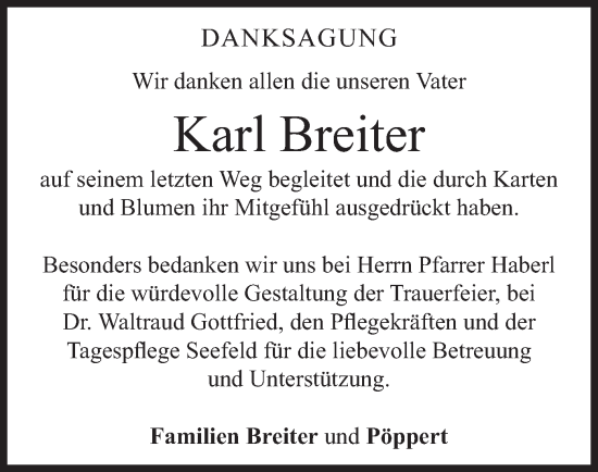 Todesanzeige von Karl Breiter von merkurtz