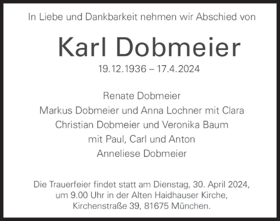 Todesanzeige von Karl Dobmeier von merkurtz