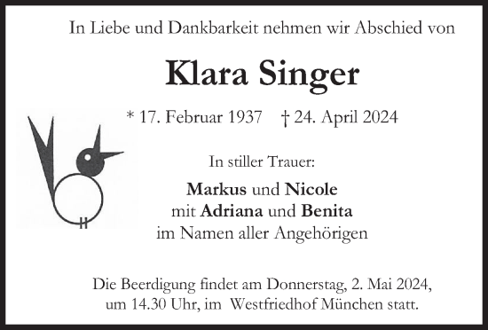 Todesanzeige von Klara Singer von merkurtz