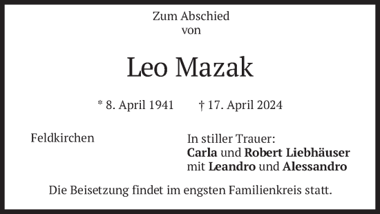 Todesanzeige von Leo Mazak von merkurtz