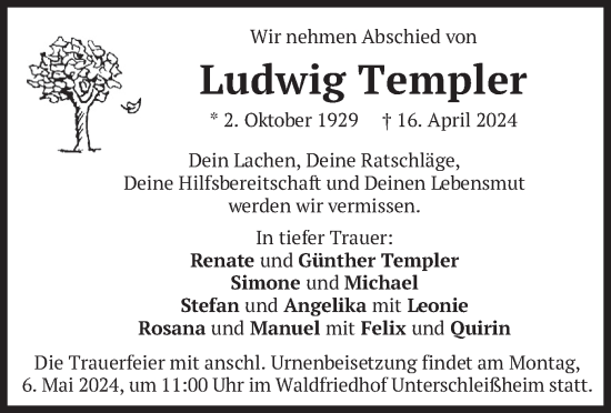 Todesanzeige von Ludwig Templer von merkurtz