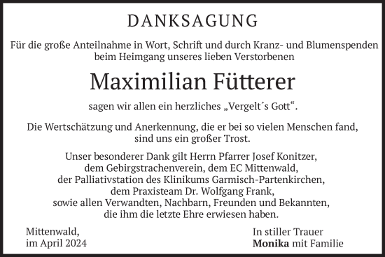 Todesanzeige von Maximilian Fütterer von merkurtz