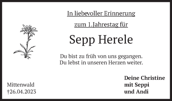Todesanzeige von Sepp Herele von merkurtz