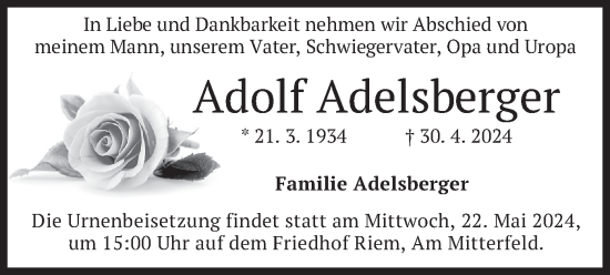 Todesanzeige von Adolf Adelsberger von merkurtz