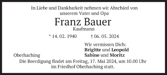 Todesanzeige von Franz Bauer von merkurtz