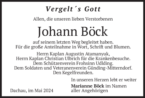 Todesanzeige von Johann Böck von merkurtz