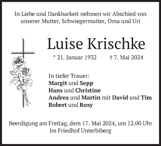 Todesanzeige von Luise Krischke von merkurtz