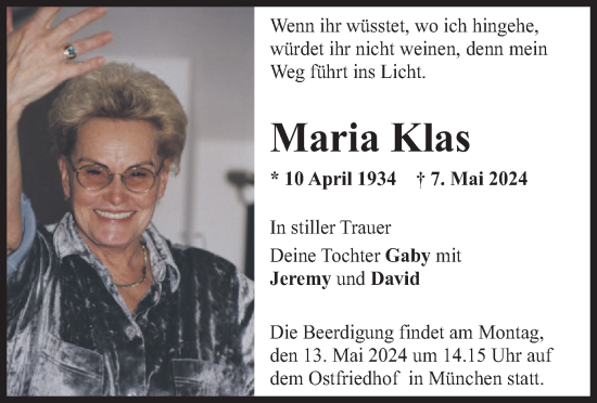 Todesanzeige von Maria Klas von merkurtz