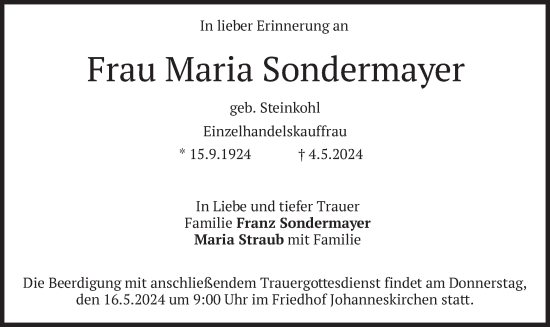 Todesanzeige von Maria Sondermayer von merkurtz