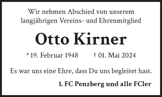Todesanzeige von Otto Kirner von Das Gelbe Blatt Penzberg