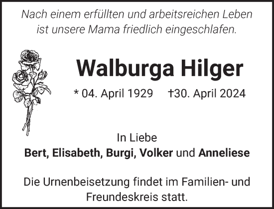 Todesanzeige von Walburga Hilger von Das Gelbe Blatt Penzberg