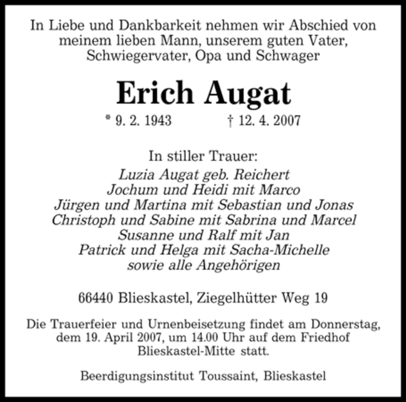 Traueranzeigen Von Erich Augat Trauer De