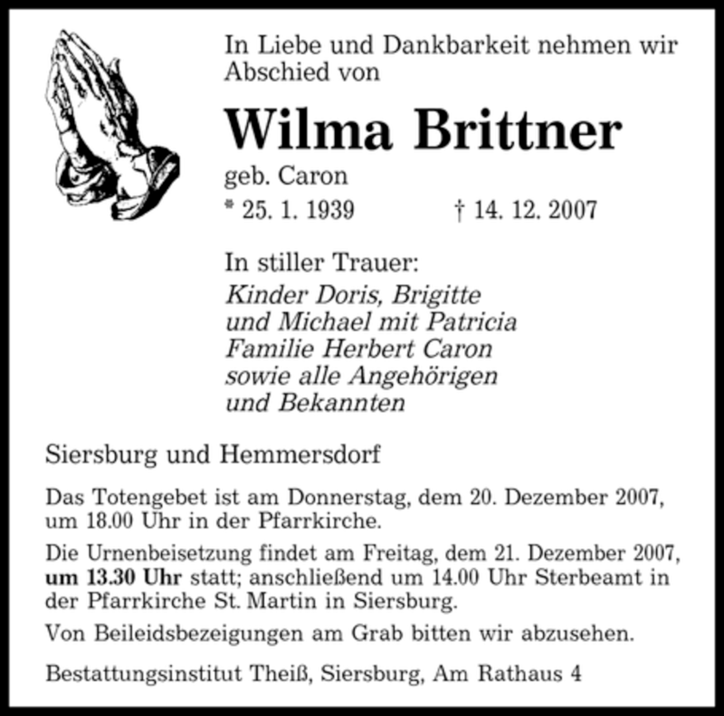 Traueranzeigen Von Wilma Brittner Trauer De