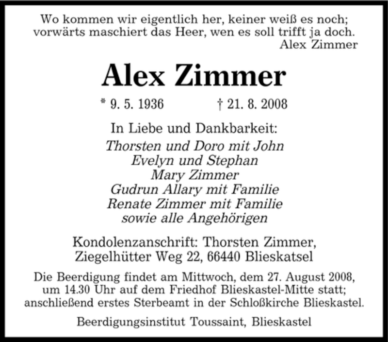 Traueranzeigen Von Alex Zimmer Trauer De