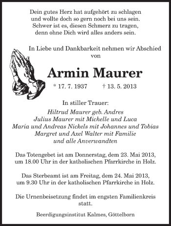 Todesanzeige von Armin Maurer von saarbruecker_zeitung