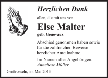 Todesanzeige von Else Malter von saarbruecker_zeitung