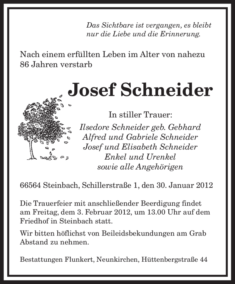 Traueranzeigen Von Josef Schneider Trauer De