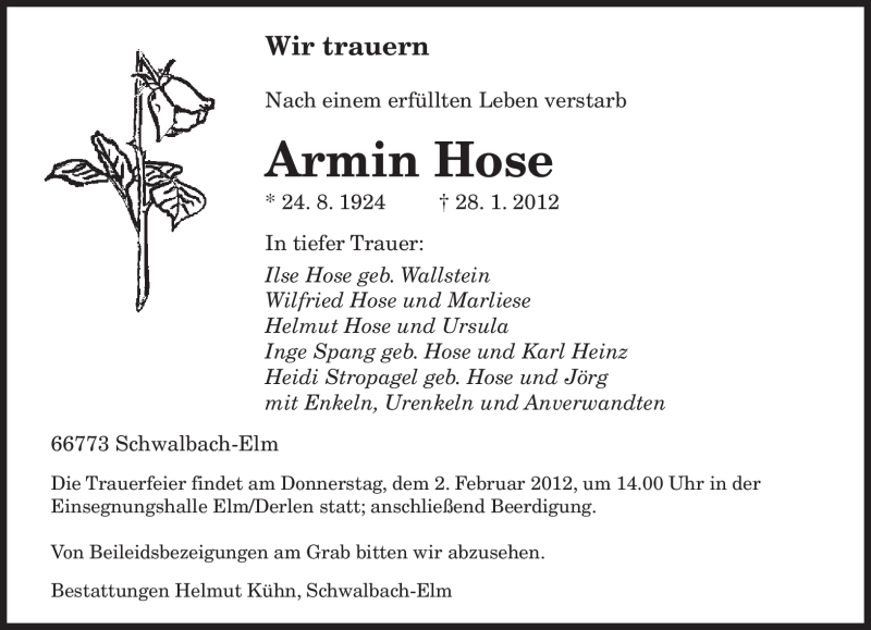 Traueranzeigen Von Armin Hose Trauer De