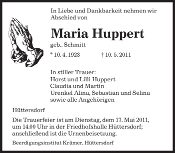 Todesanzeige von Maria Huppert von SAARBRÜCKER ZEITUNG