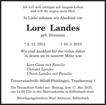 Todesanzeige von Lore Landes von SAARBRÜCKER ZEITUNG