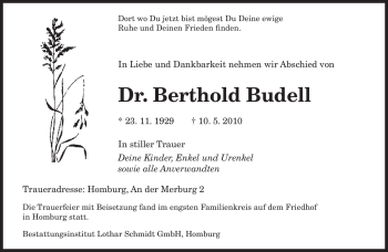 Todesanzeige von Berthold Budell von SAARBRÜCKER ZEITUNG