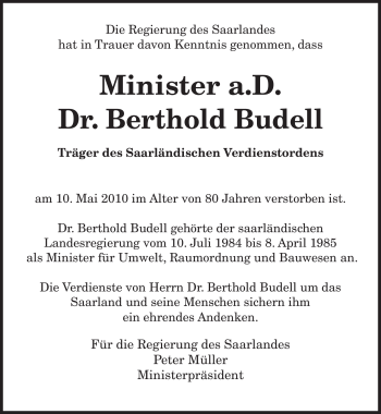 Todesanzeige von Berthold Budell von SAARBRÜCKER ZEITUNG