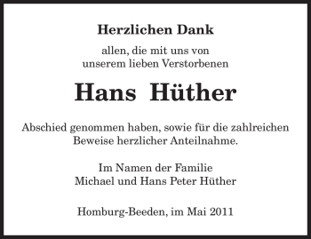Todesanzeige von Hans Hüther von SAARBRÜCKER ZEITUNG