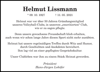 Todesanzeige von Helmut Lissmann von saarbruecker_zeitung