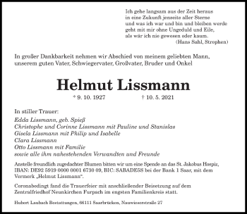 Todesanzeige von Helmut Lissmann von saarbruecker_zeitung
