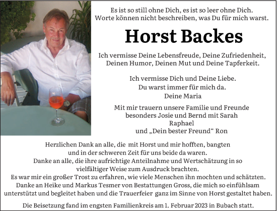 Todesanzeige von Horst Backes von saarbruecker_zeitung
