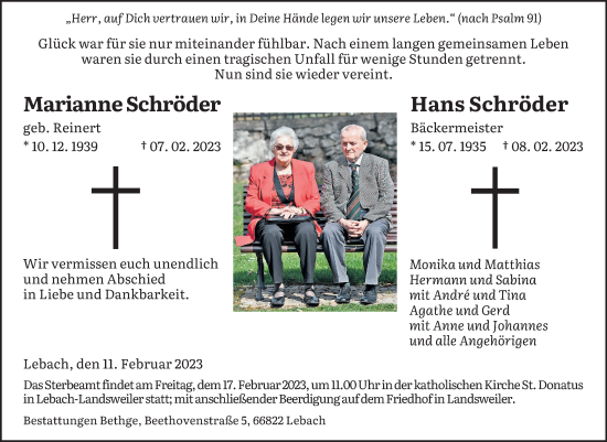 Todesanzeige von Marianne und Hans Schröder von saarbruecker_zeitung