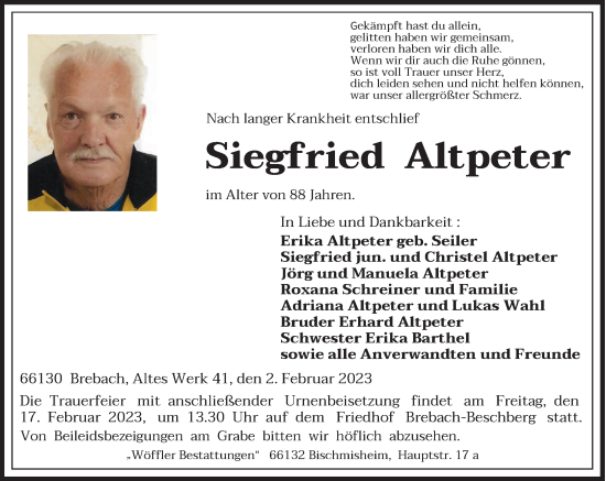 Todesanzeige von Siegfried Altpeter von saarbruecker_zeitung